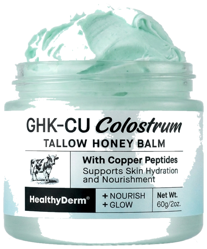 Copper Peptide Colostrum Tallow Honey Balm — open jar showing the whipped balm